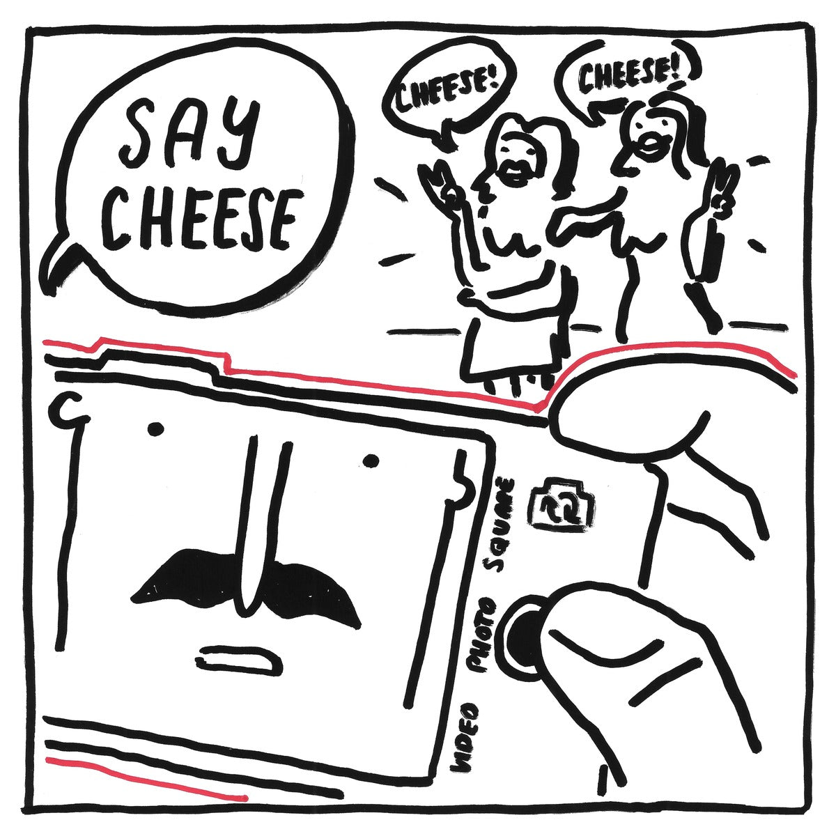 Say Cheese — black, white, and red artwork by NAKEDANDSAD